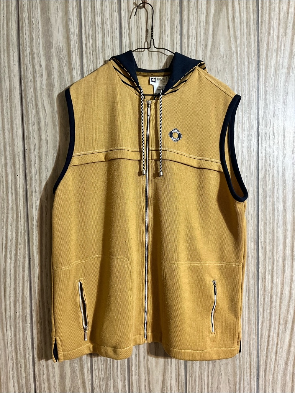 VTG Finlha Cottage Ocean Knit Zip Up Hooded Vest Size XL Yellow